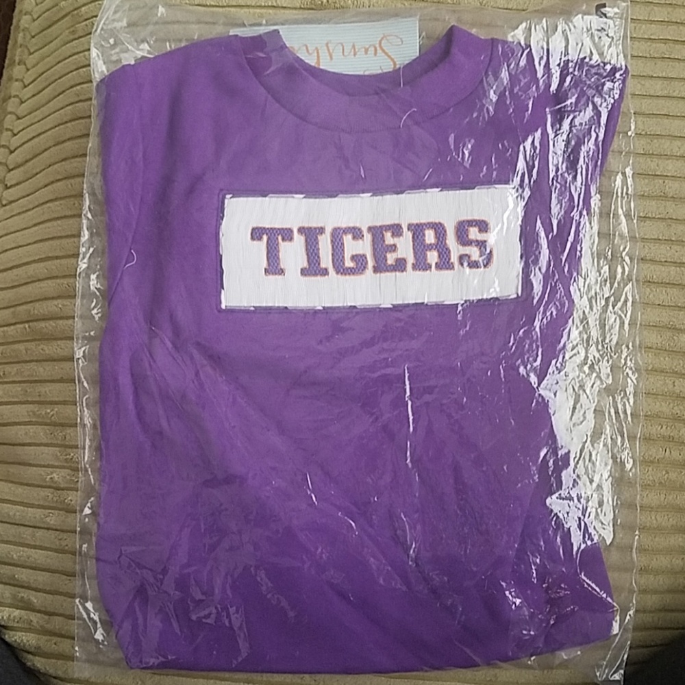 Smocked purple "Tigers " boys short sleeve shirt